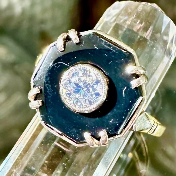 14K Art Deco Octagonal Onyx & Diamond Ring - Picture 2 of 15